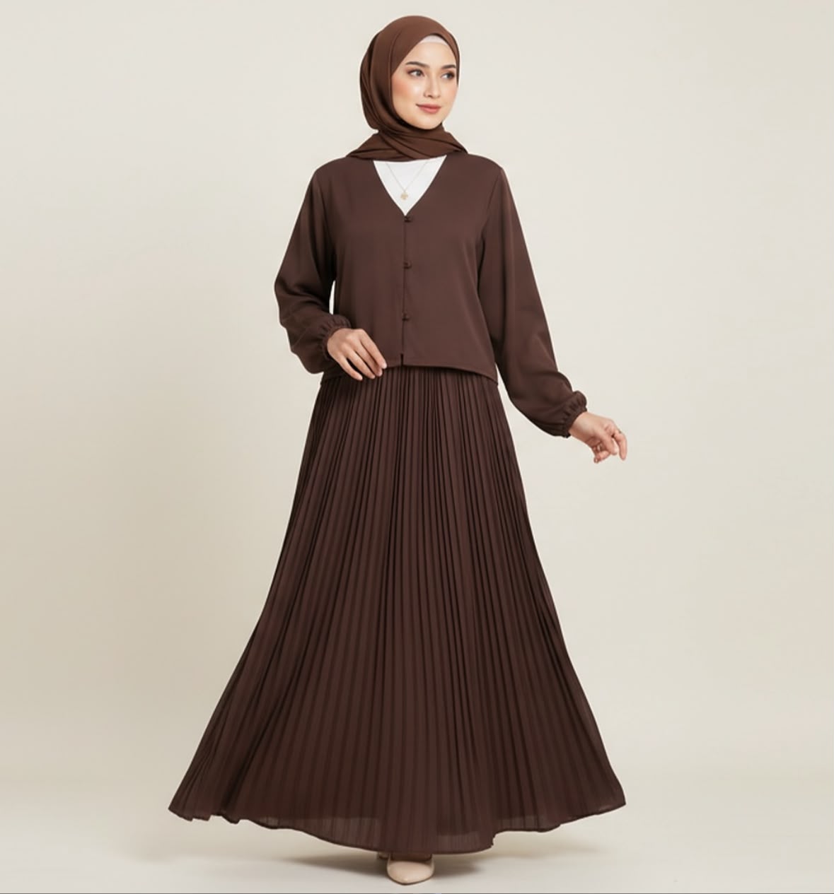 Pleated Skirt  Top - Brown