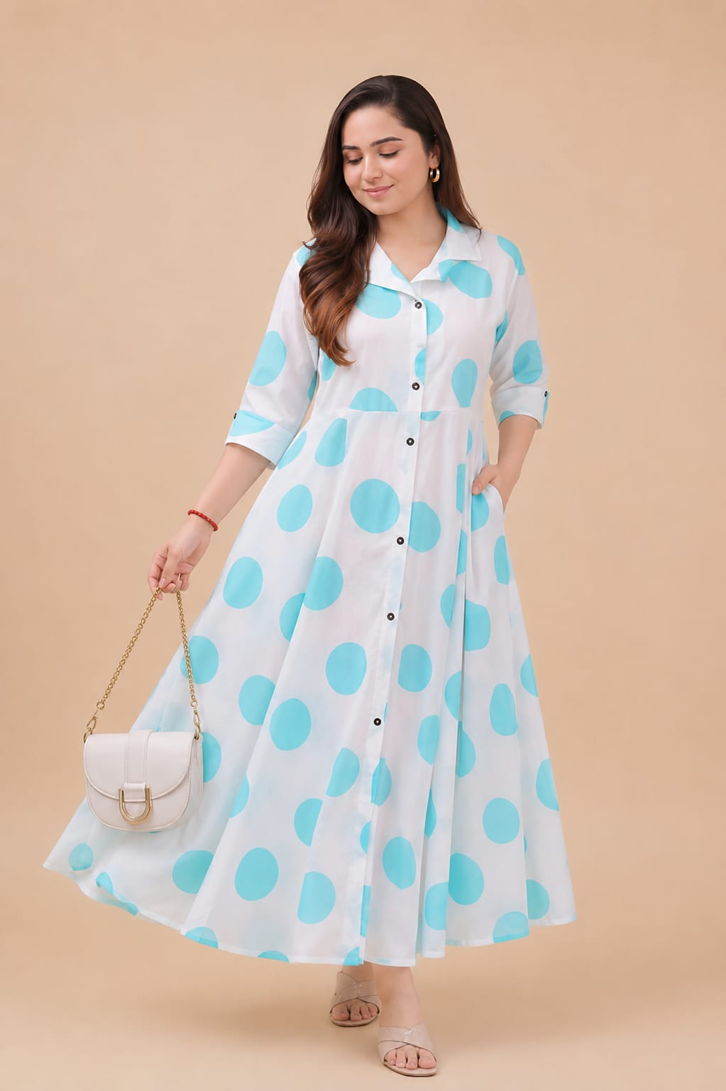 Blue Polka Dots Cotton A Line Dress