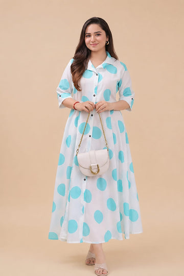 Blue Polka Dots Cotton A Line Dress