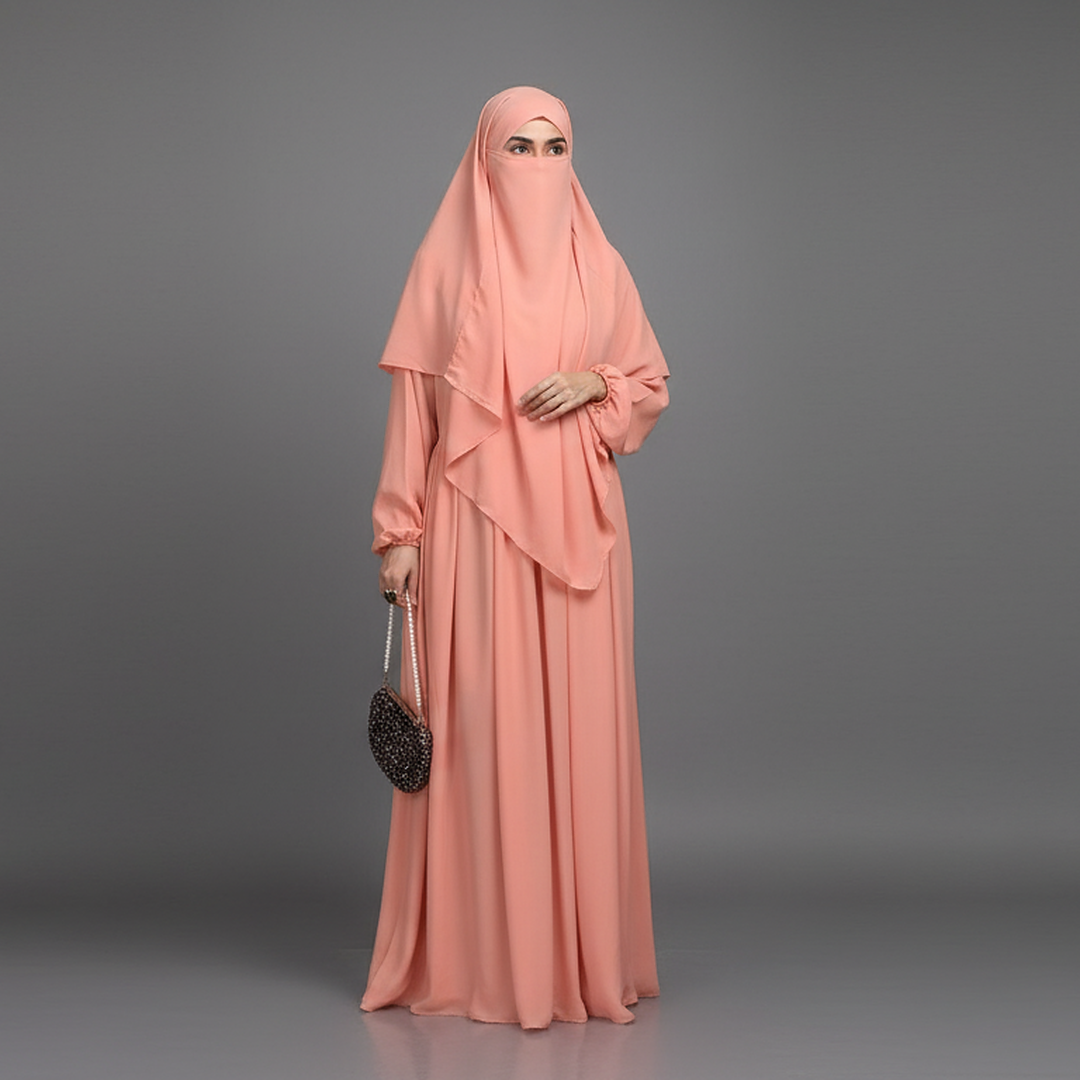 3 Piece Abaya Set (Abaya + Khimar + Niqab) - PEACH
