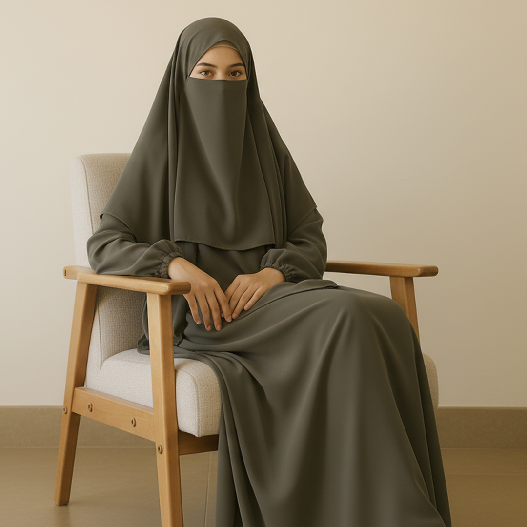 3 Piece Abaya Set (Abaya + Khimar + Niqab) - Grey