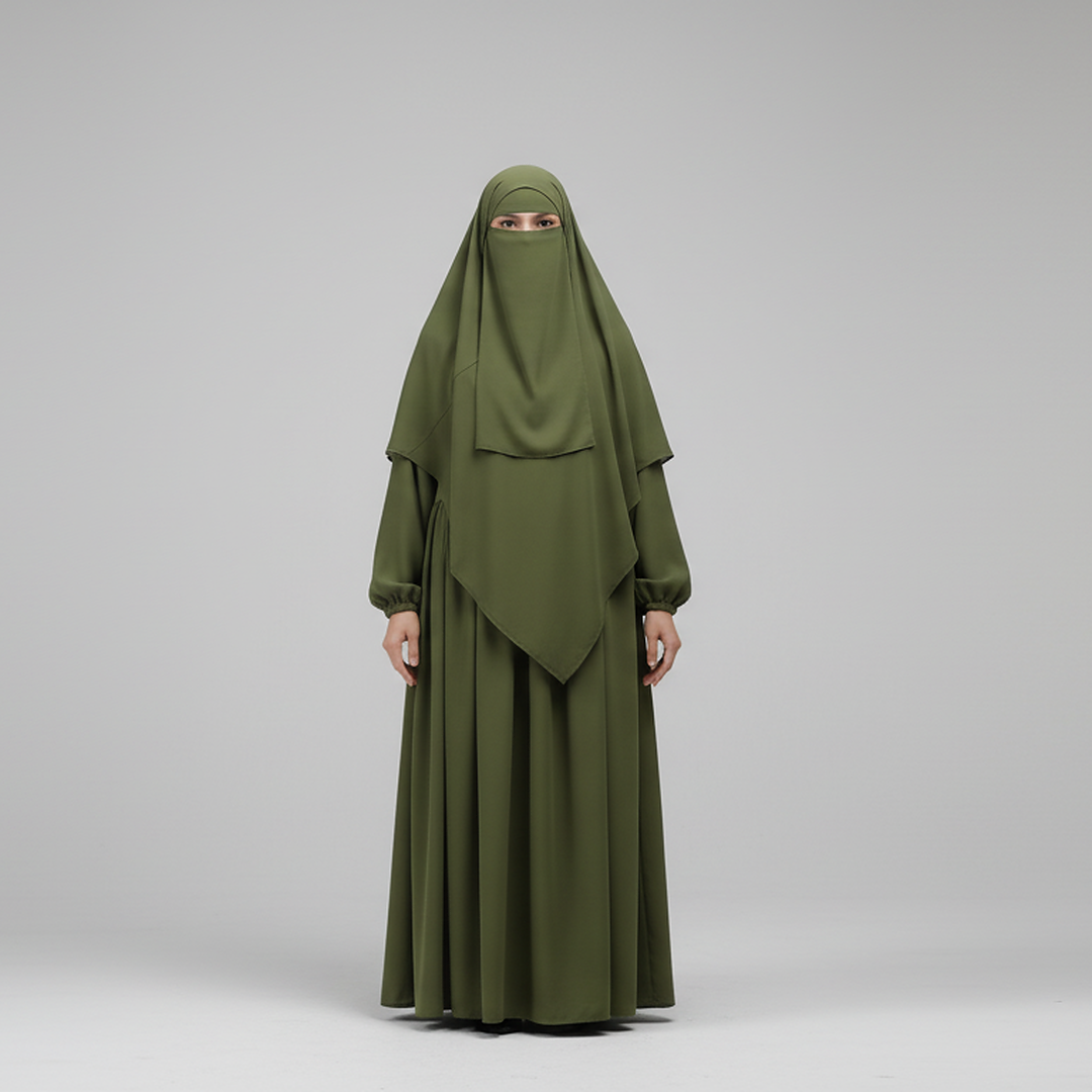3 Piece Abaya Set (Abaya + Khimar + Niqab) - Olive