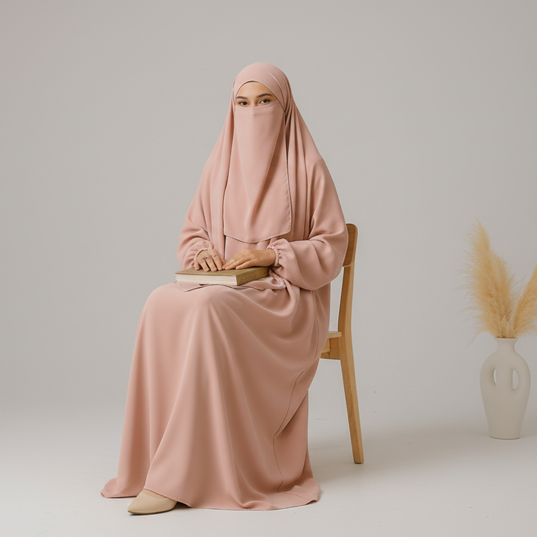 3 Piece Abaya Set (Abaya + Khimar + Niqab) - Rosewood
