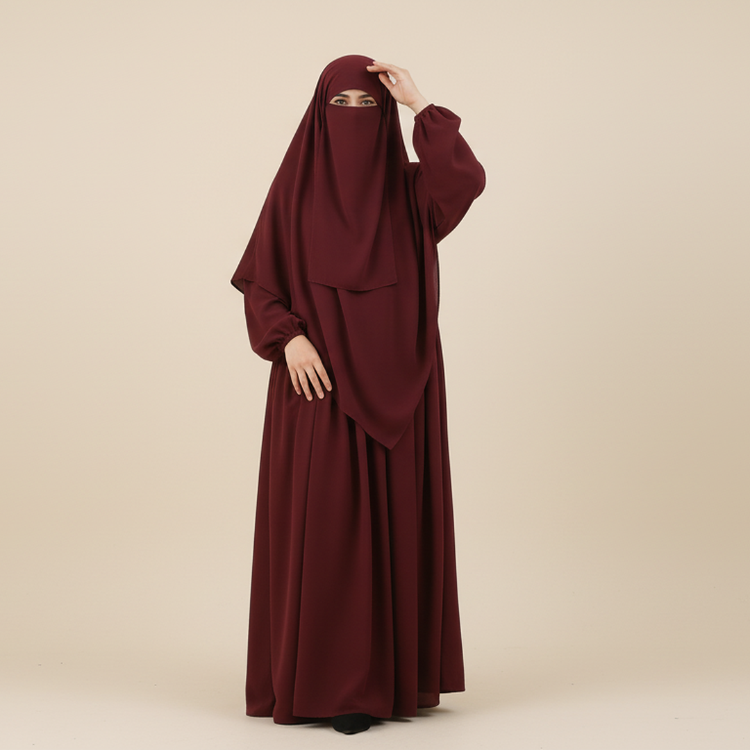 3 Piece Abaya Set (Abaya + Khimar + Niqab) - Burgundy