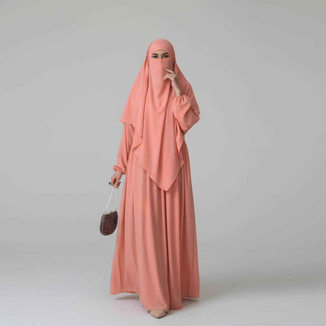 3 Piece Abaya Set (Abaya + Khimar + Niqab) - PEACH