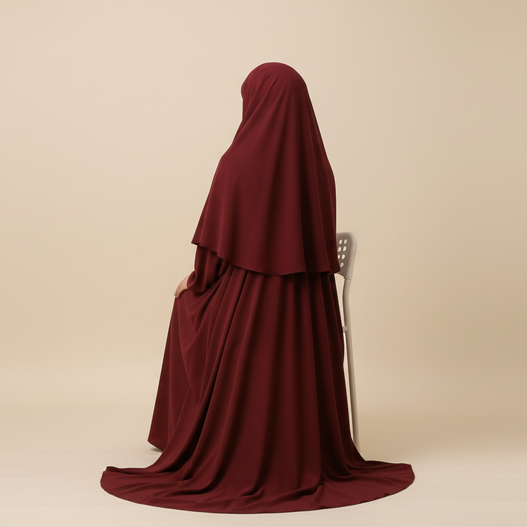 3 Piece Abaya Set (Abaya + Khimar + Niqab) - Maroon