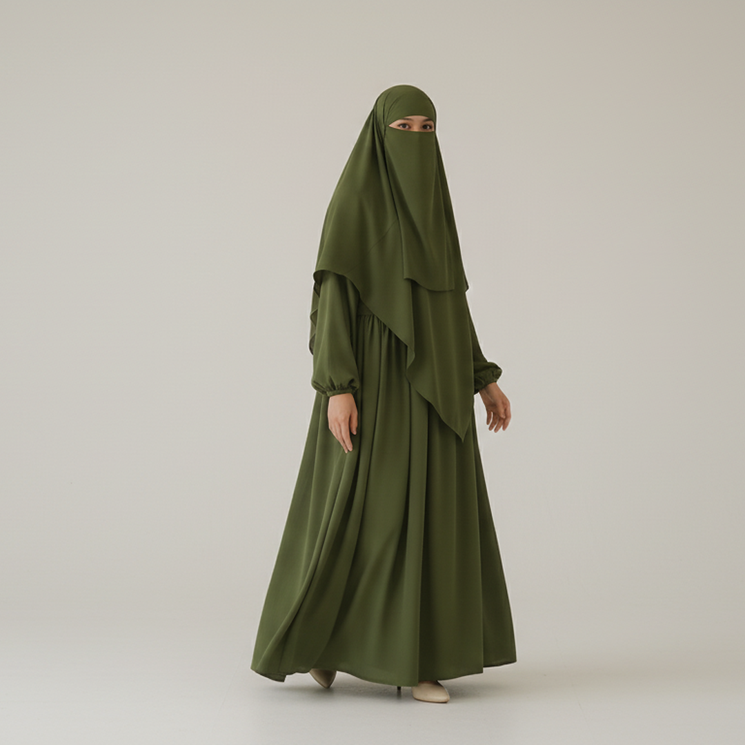 3 Piece Abaya Set (Abaya + Khimar + Niqab) - Olive