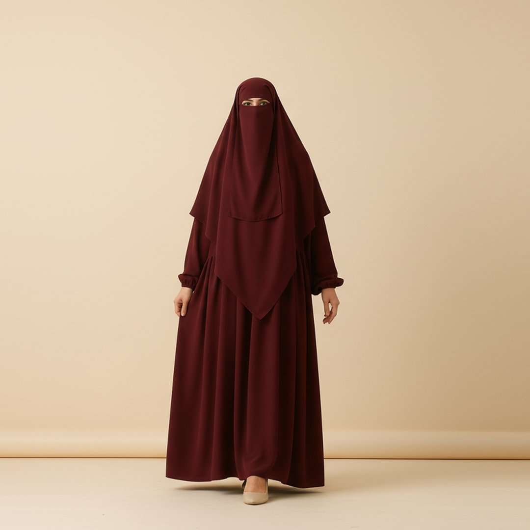 3 Piece Abaya Set (Abaya + Khimar + Niqab) - Burgundy