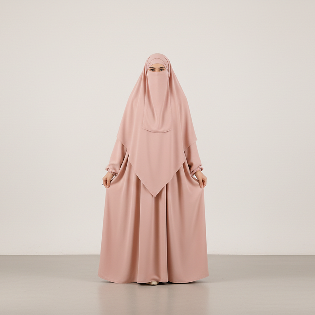 3 Piece Abaya Set (Abaya + Khimar + Niqab) - Rosewood