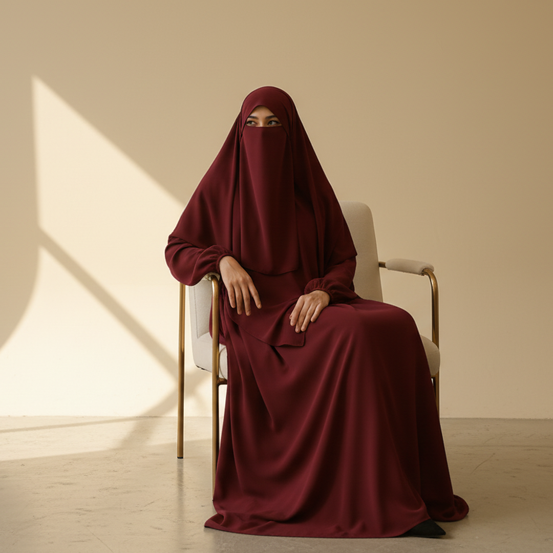 3 Piece Abaya Set (Abaya + Khimar + Niqab) - Maroon