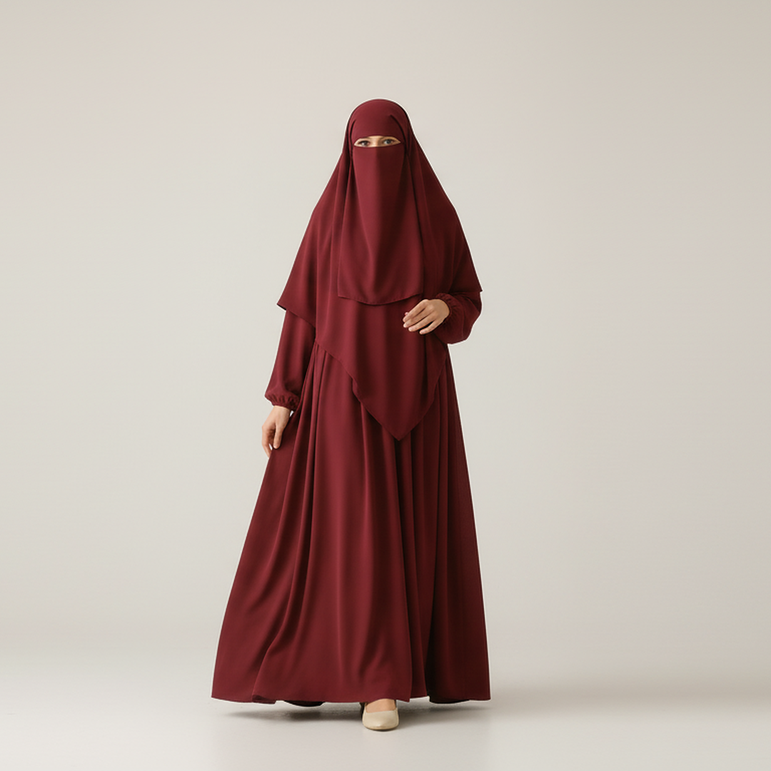 3 Piece Abaya Set (Abaya + Khimar + Niqab) - Maroon