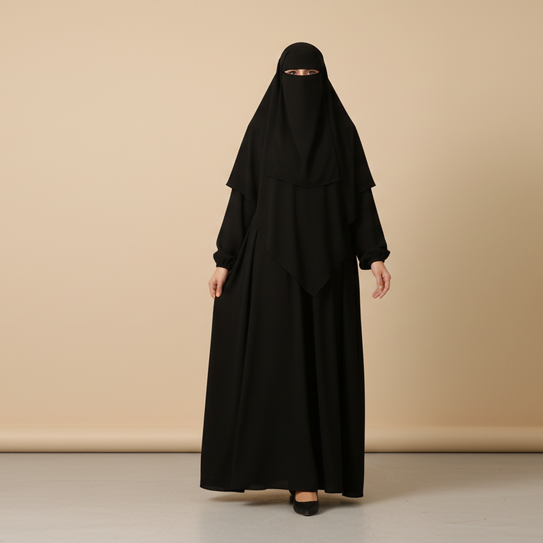 3 Piece Abaya Set (Abaya + Khimar + Niqab) - BLACK