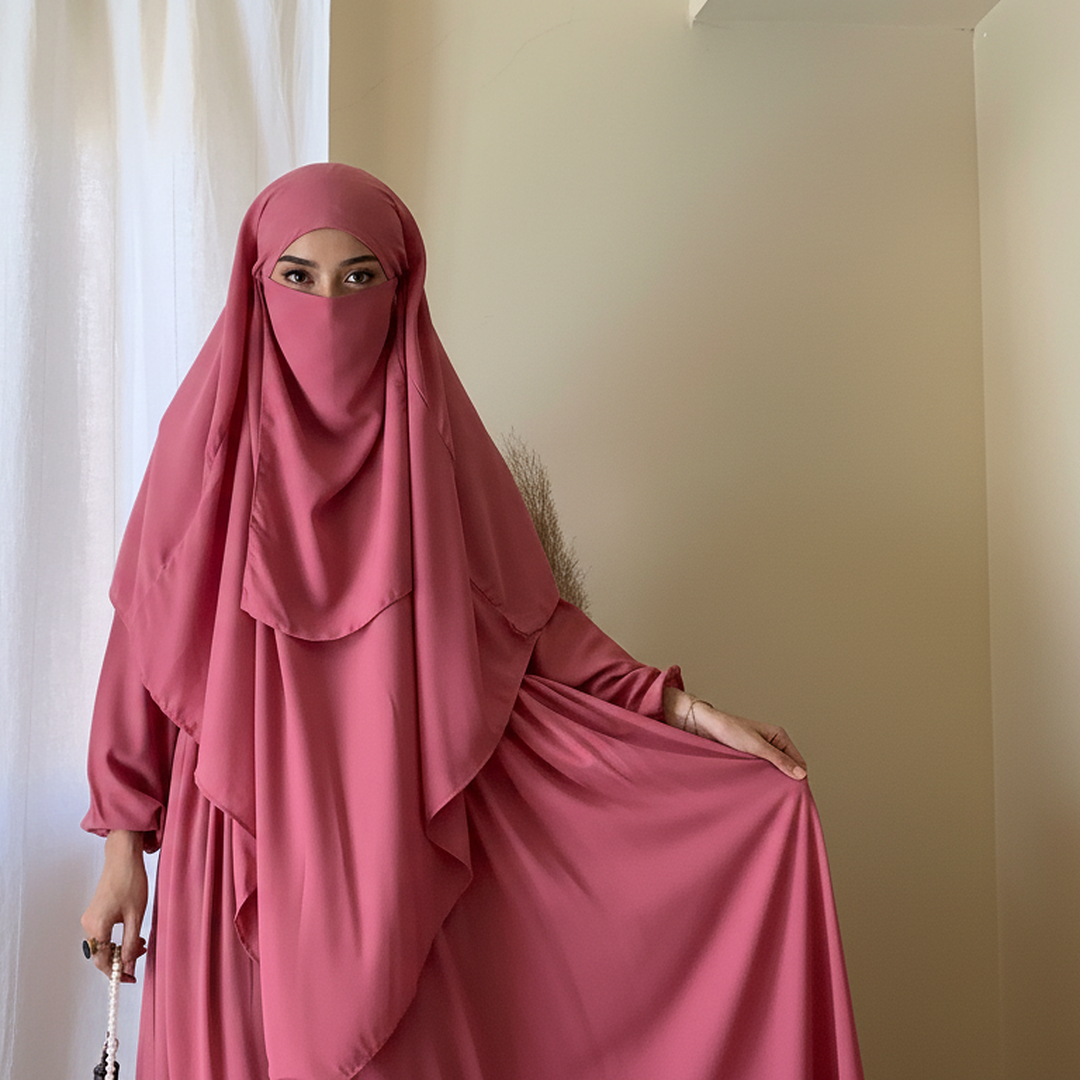 3 Piece Abaya Set (Abaya + Khimar + Niqab) - ROSE PINK