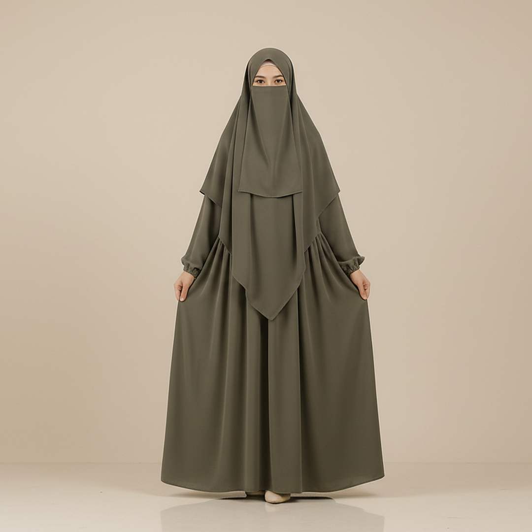 3 Piece Abaya Set (Abaya + Khimar + Niqab) - Grey