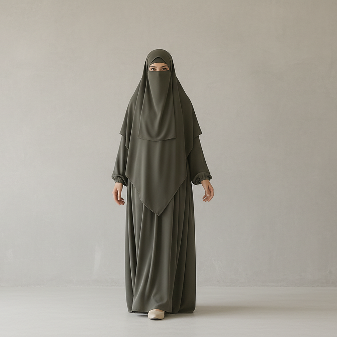 3 Piece Abaya Set (Abaya + Khimar + Niqab) - Grey