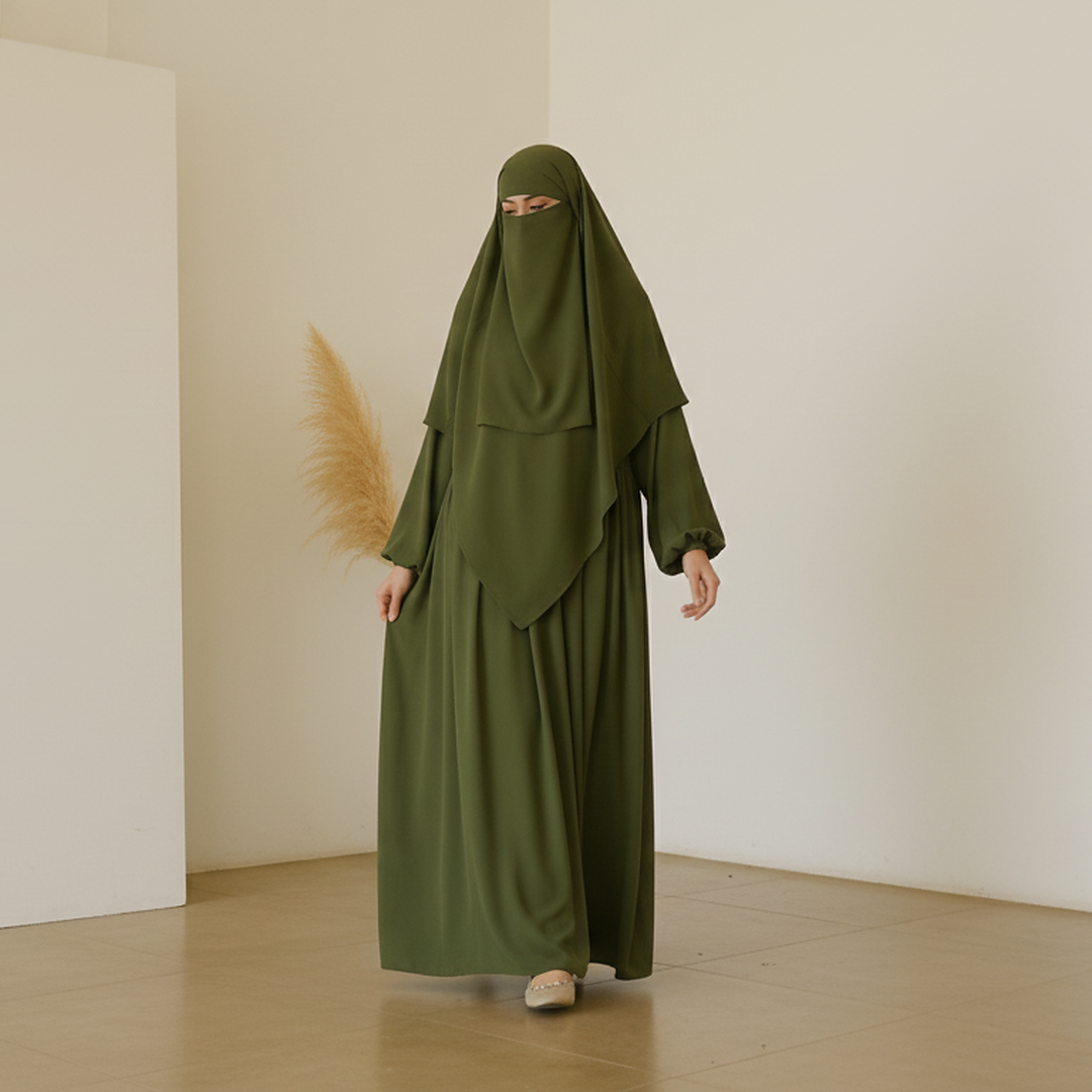 3 Piece Abaya Set (Abaya + Khimar + Niqab) - Olive