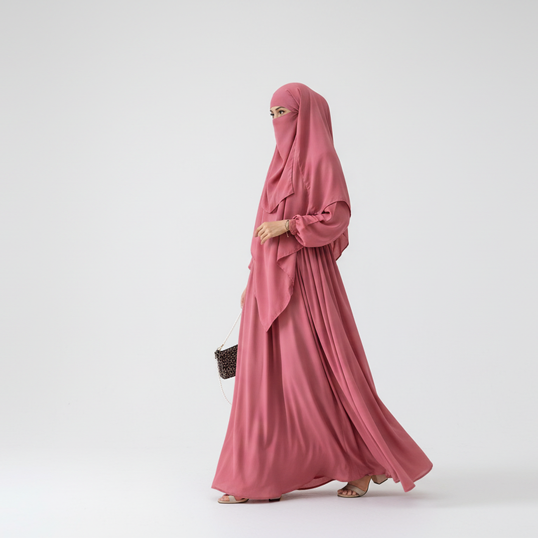 3 Piece Abaya Set (Abaya + Khimar + Niqab) - ROSE PINK