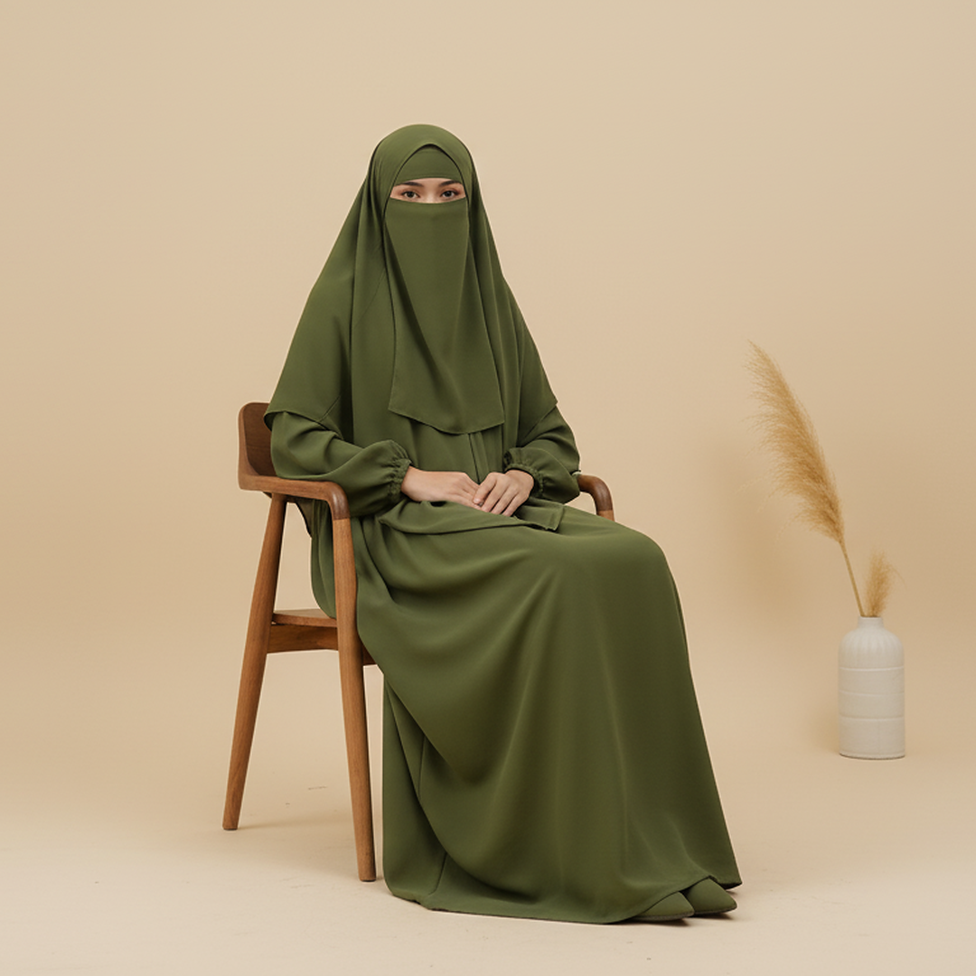 3 Piece Abaya Set (Abaya + Khimar + Niqab) - Olive