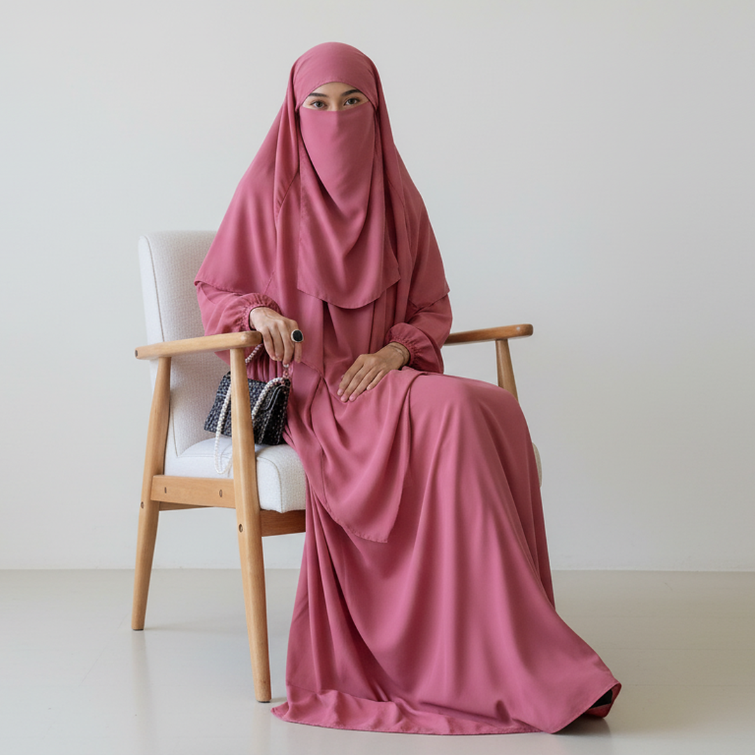 3 Piece Abaya Set (Abaya + Khimar + Niqab) - ROSE PINK