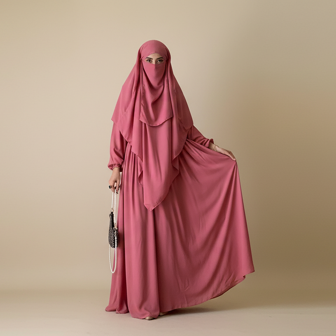 3 Piece Abaya Set (Abaya + Khimar + Niqab) - ROSE PINK