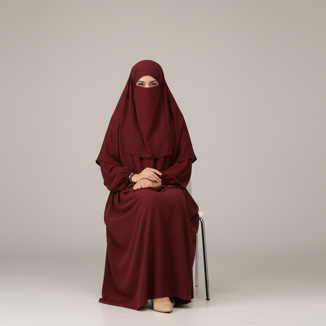 3 Piece Abaya Set (Abaya + Khimar + Niqab) - Burgundy