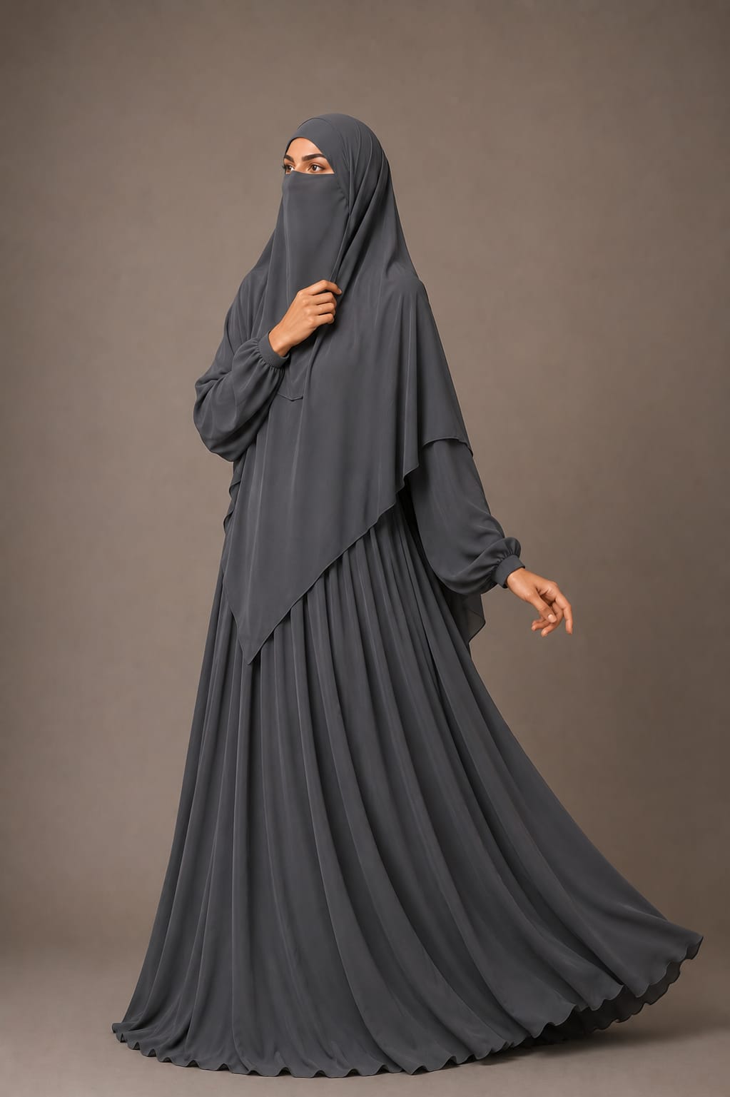 3 Piece Abaya Set (Abaya  Khimar  Niqab) - Grey
