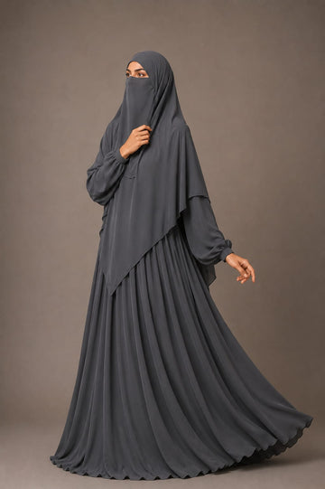 3 Piece Abaya Set (Abaya  Khimar  Niqab) - Grey