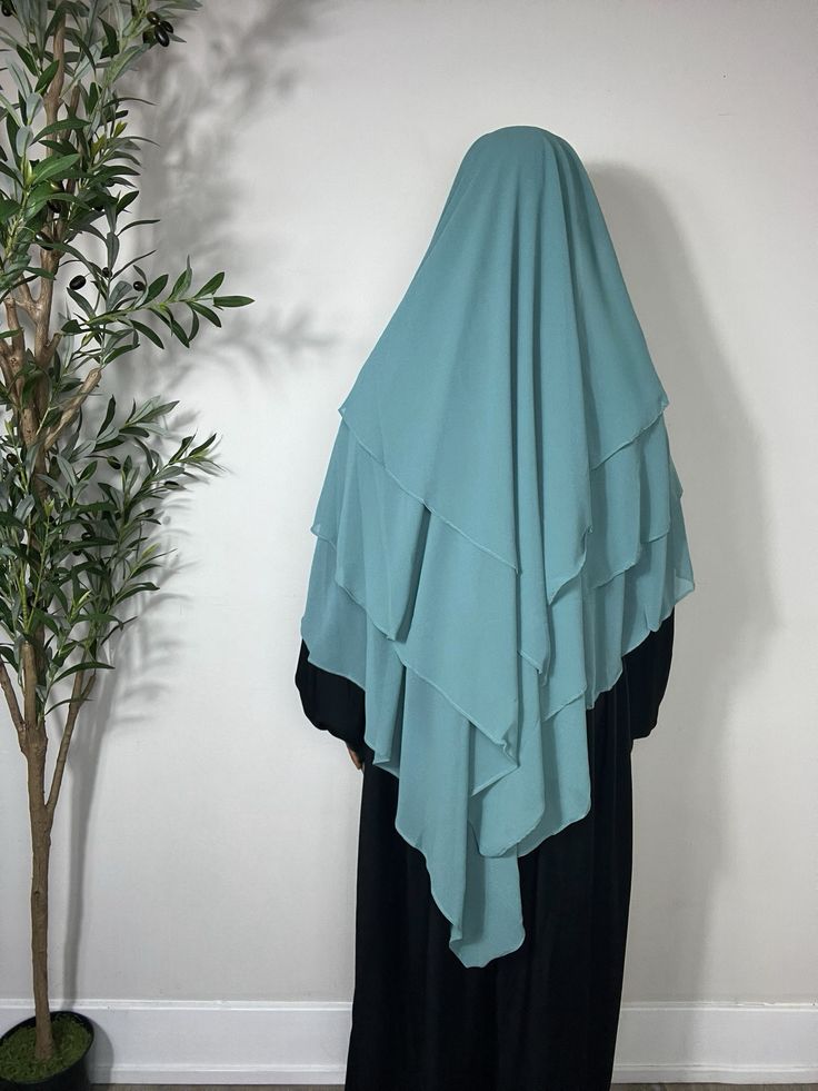 3 Layer Butterfly Khimar + Niqab Set - Aqua Green