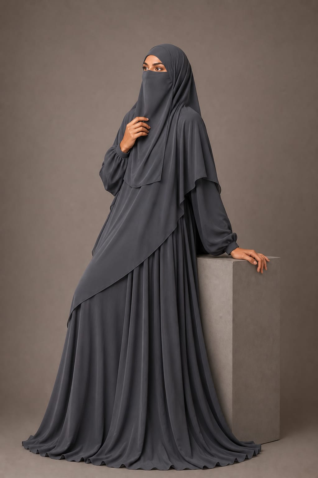3 Piece Abaya Set (Abaya  Khimar  Niqab) - Grey