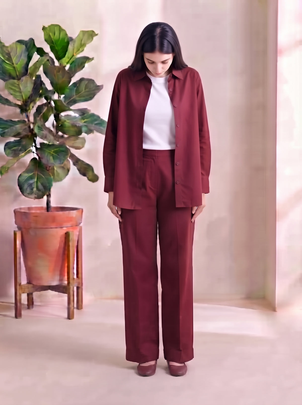Button-Down Co-Ord Set - Maroon