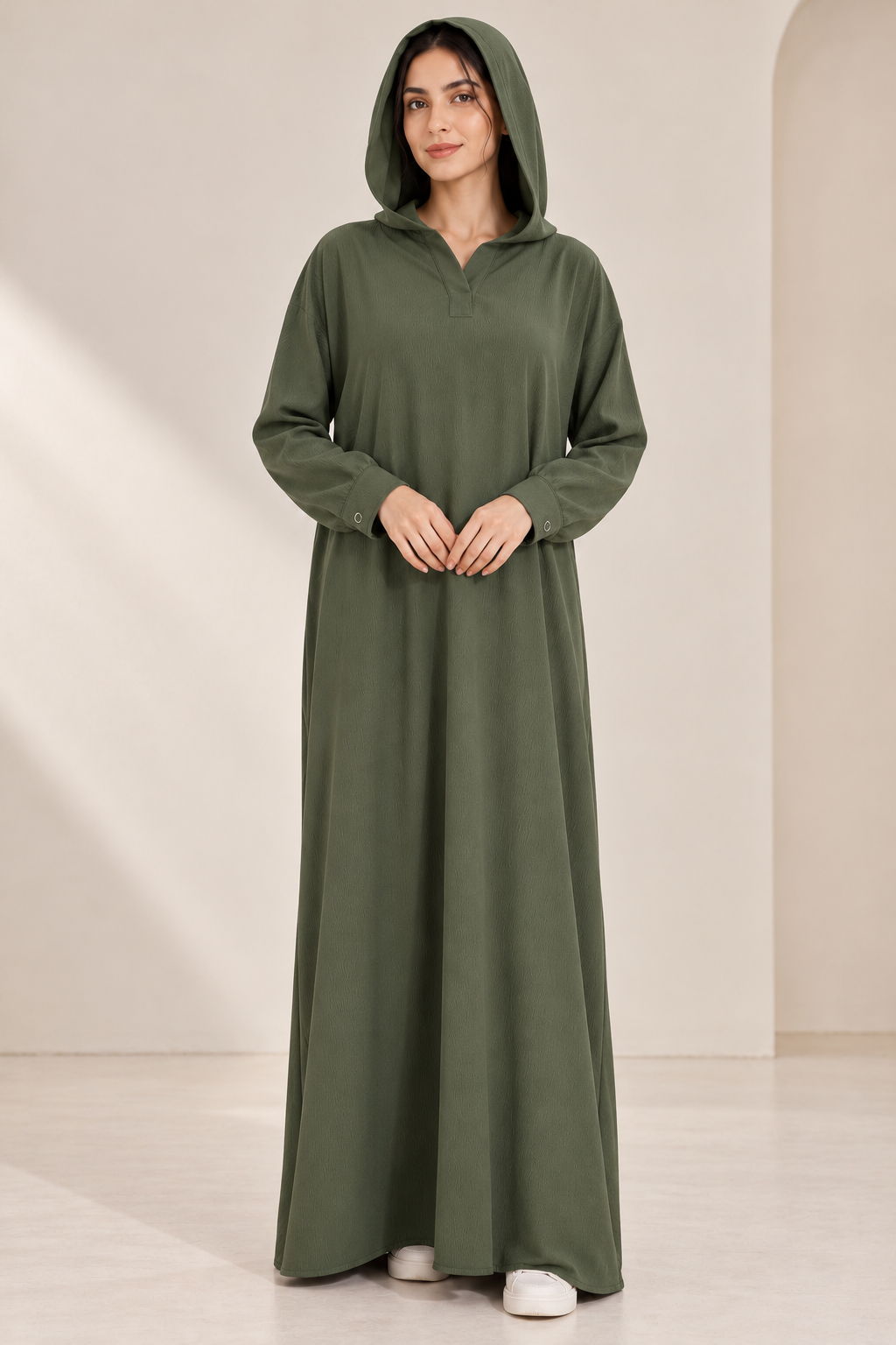 Textured Hooded Abaya – Olive Grace