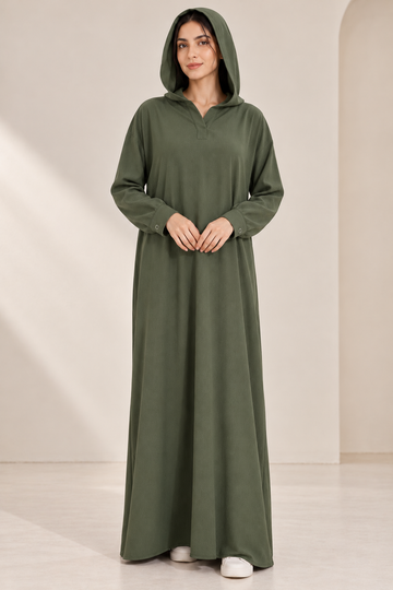 Textured Hooded Abaya – Olive Grace