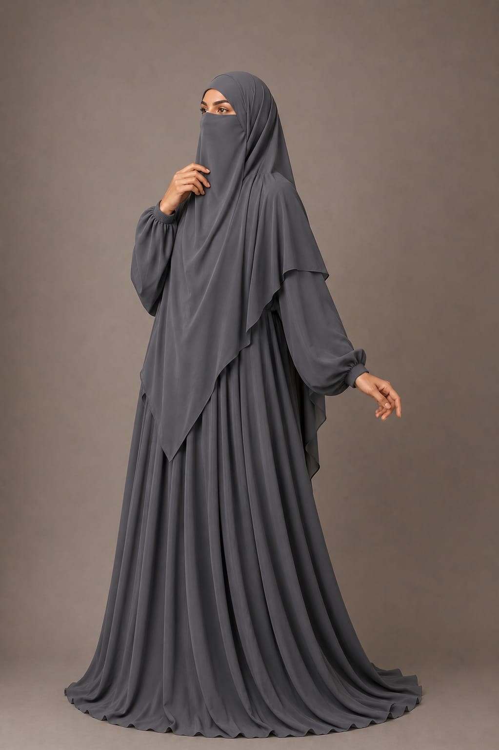 3 Piece Abaya Set (Abaya  Khimar  Niqab) - Grey