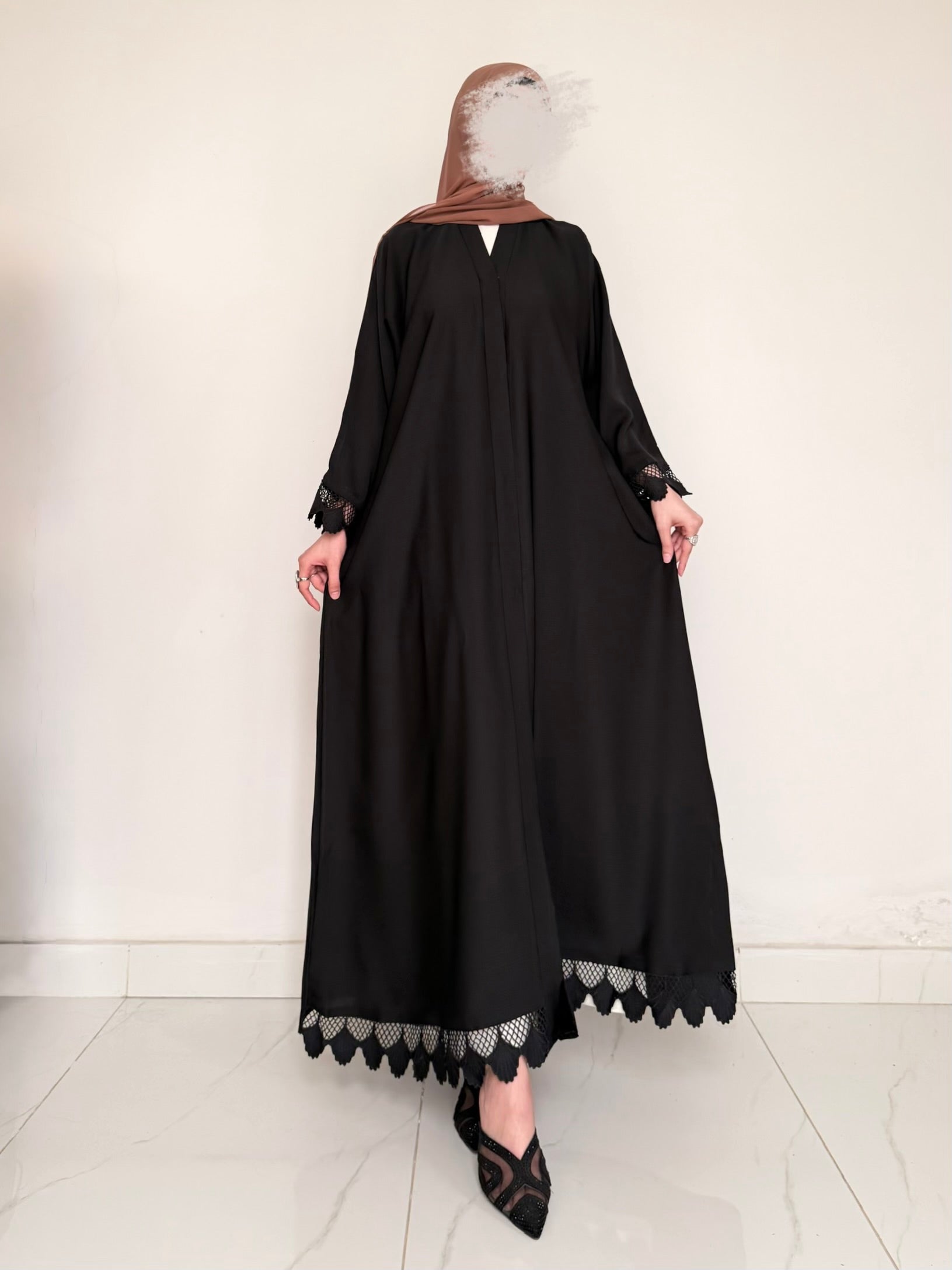 SWAN- Front Abaya with Lace Cuffs- BLACK