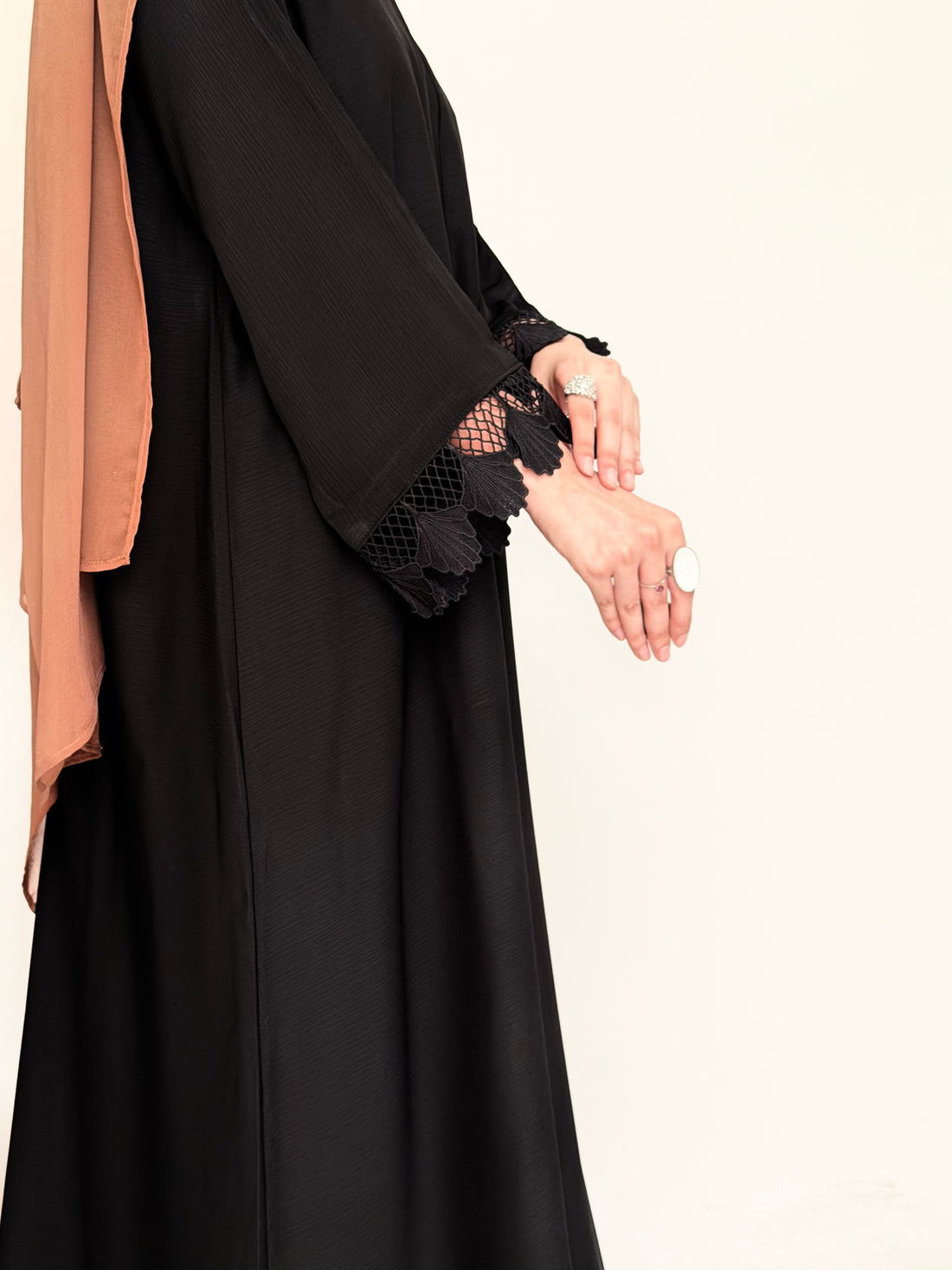 SWAN- Front Abaya with Lace Cuffs- BLACK
