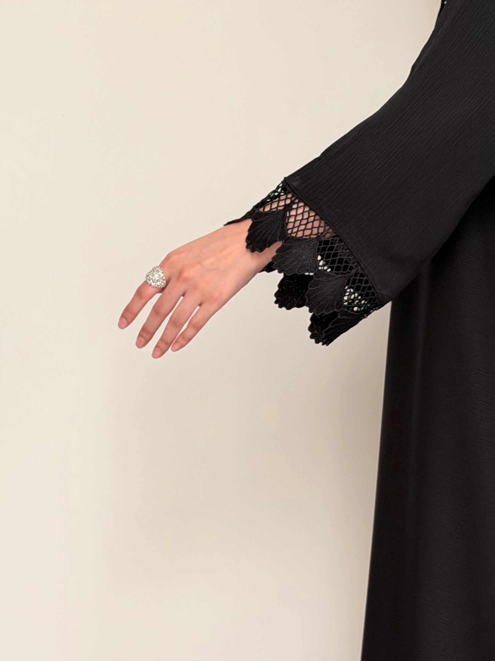 SWAN- Front Abaya with Lace Cuffs- BLACK