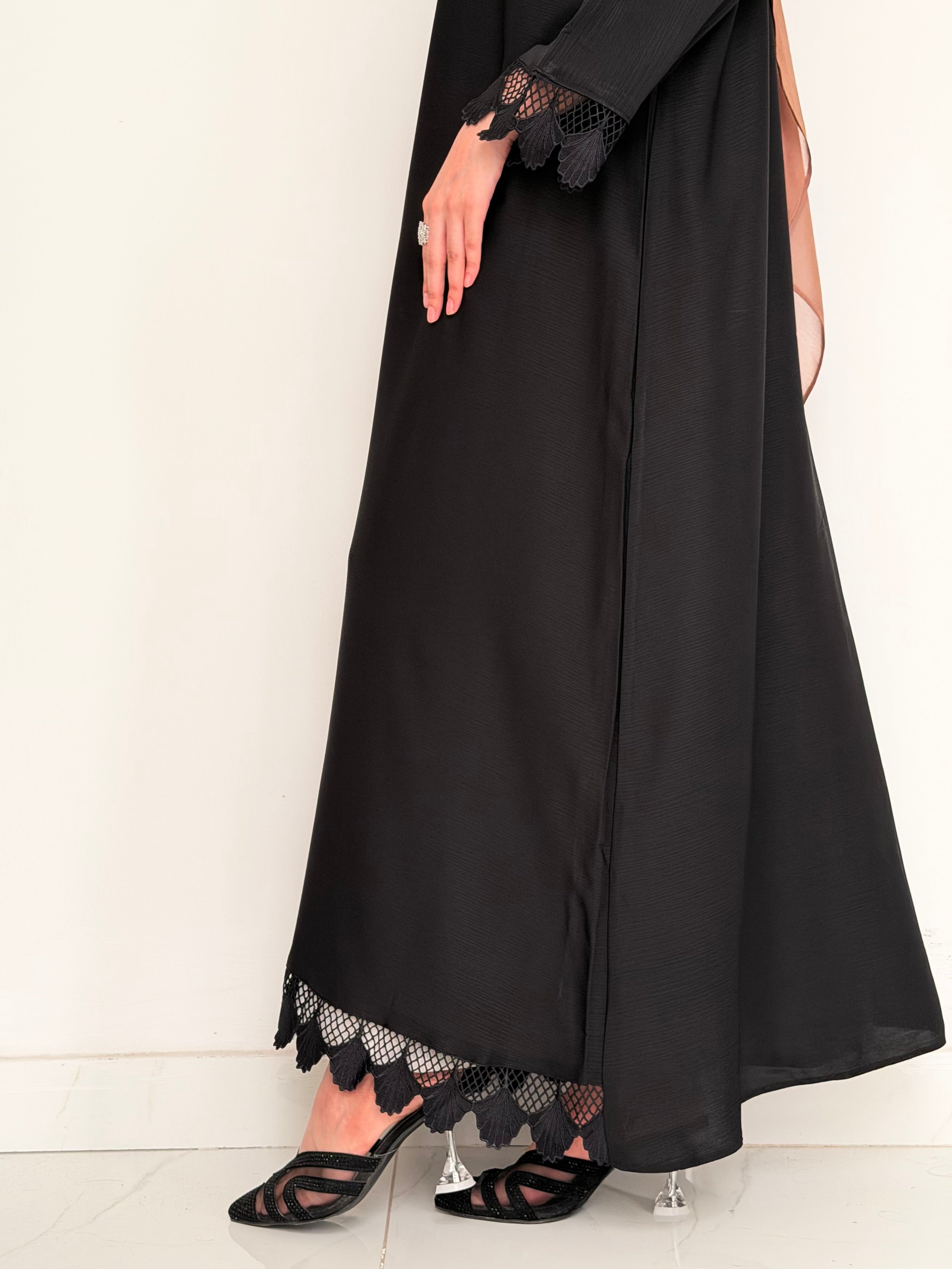SWAN- Front Abaya with Lace Cuffs- BLACK