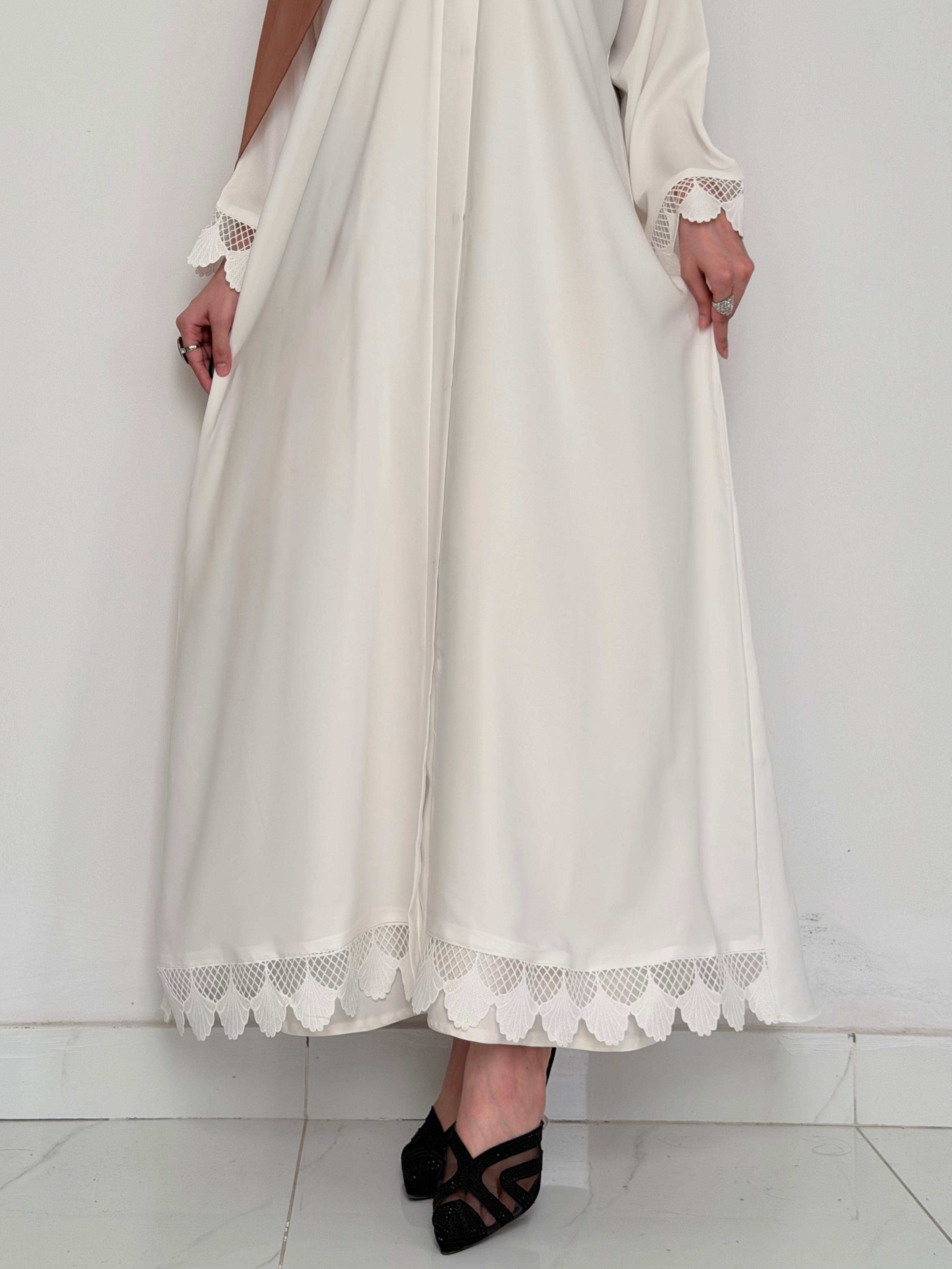 SWAN- Front Abaya with Lace Cuffs- WHITE