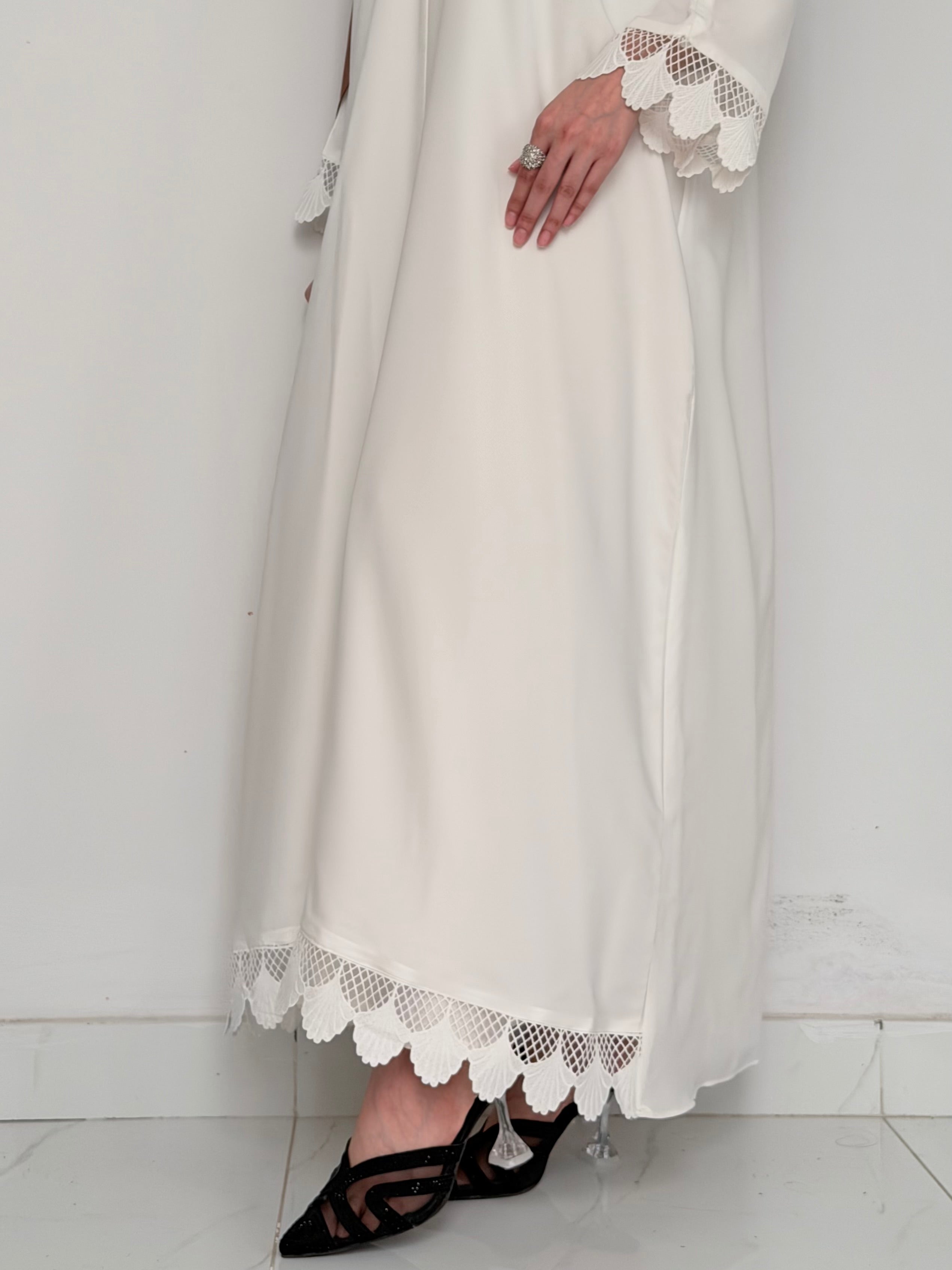 SWAN- Front Abaya with Lace Cuffs- WHITE