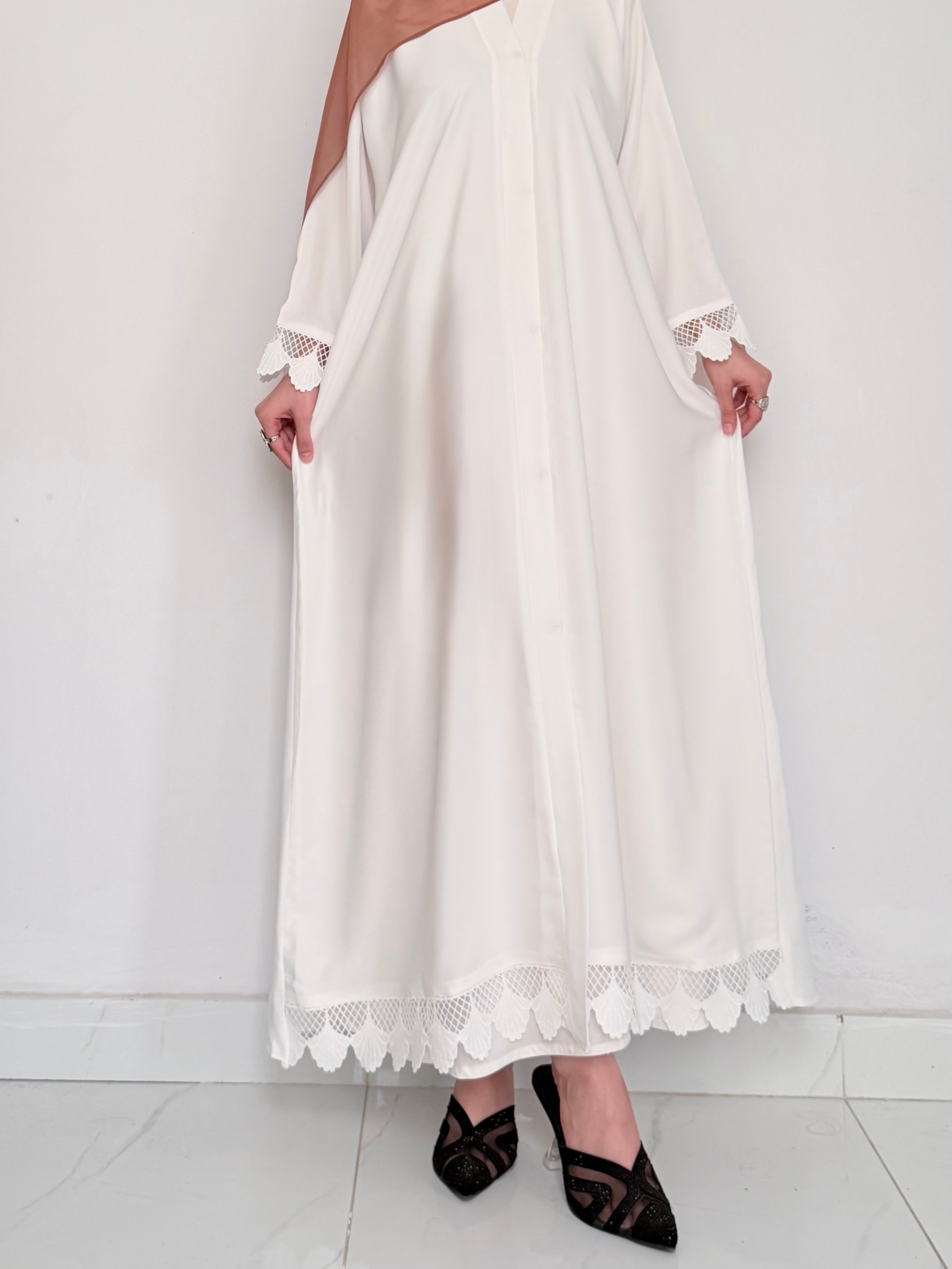 SWAN- Front Abaya with Lace Cuffs- WHITE