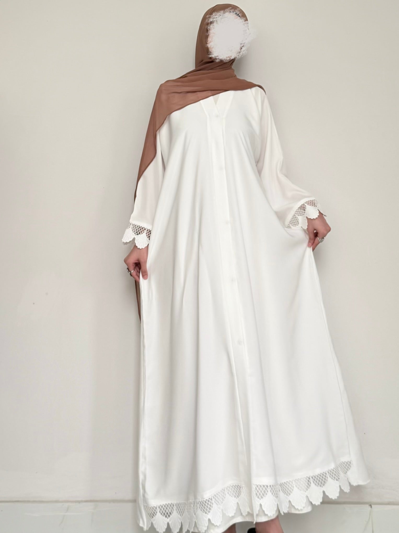 SWAN- Front Abaya with Lace Cuffs- WHITE