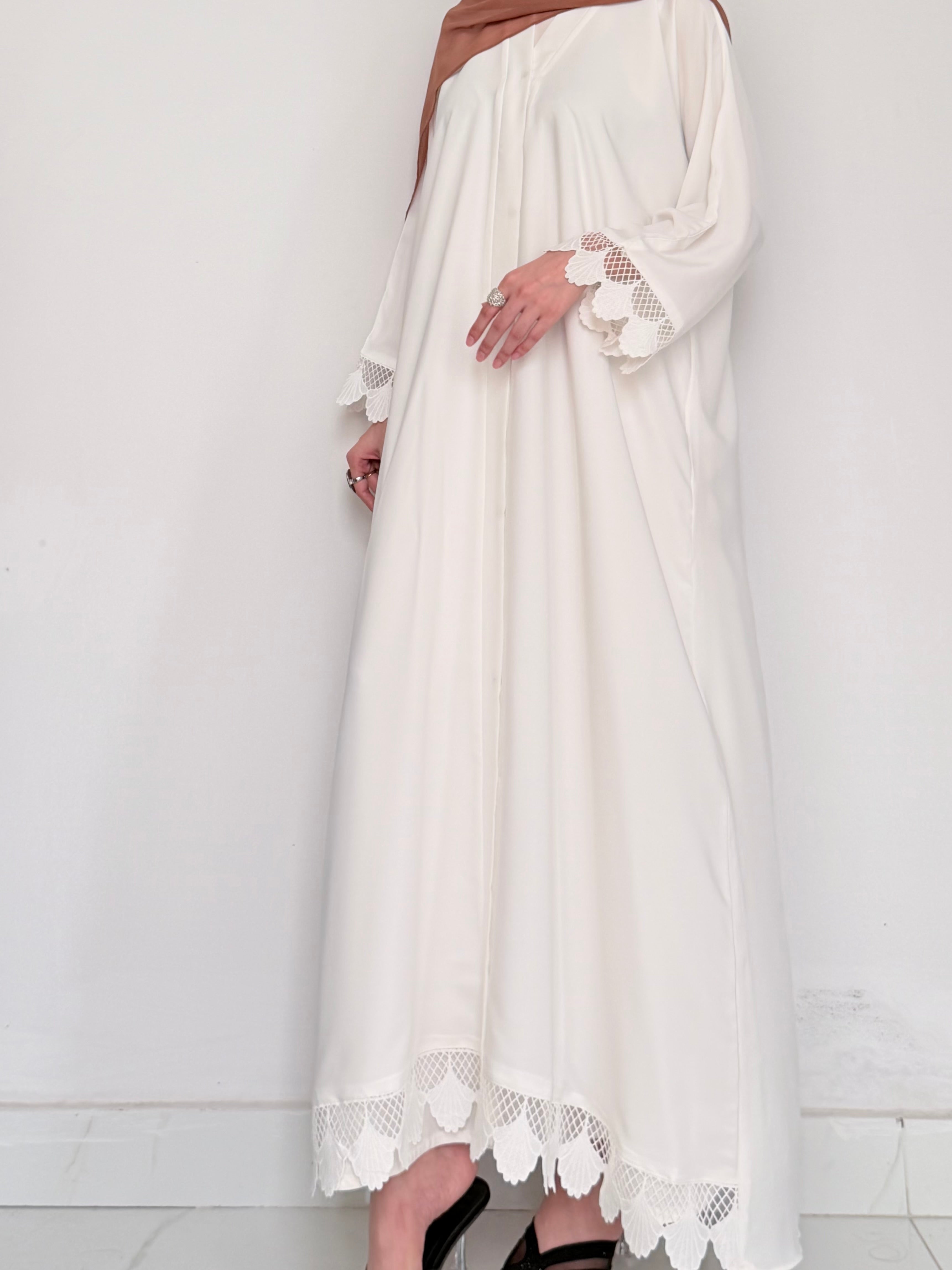 SWAN- Front Abaya with Lace Cuffs- WHITE