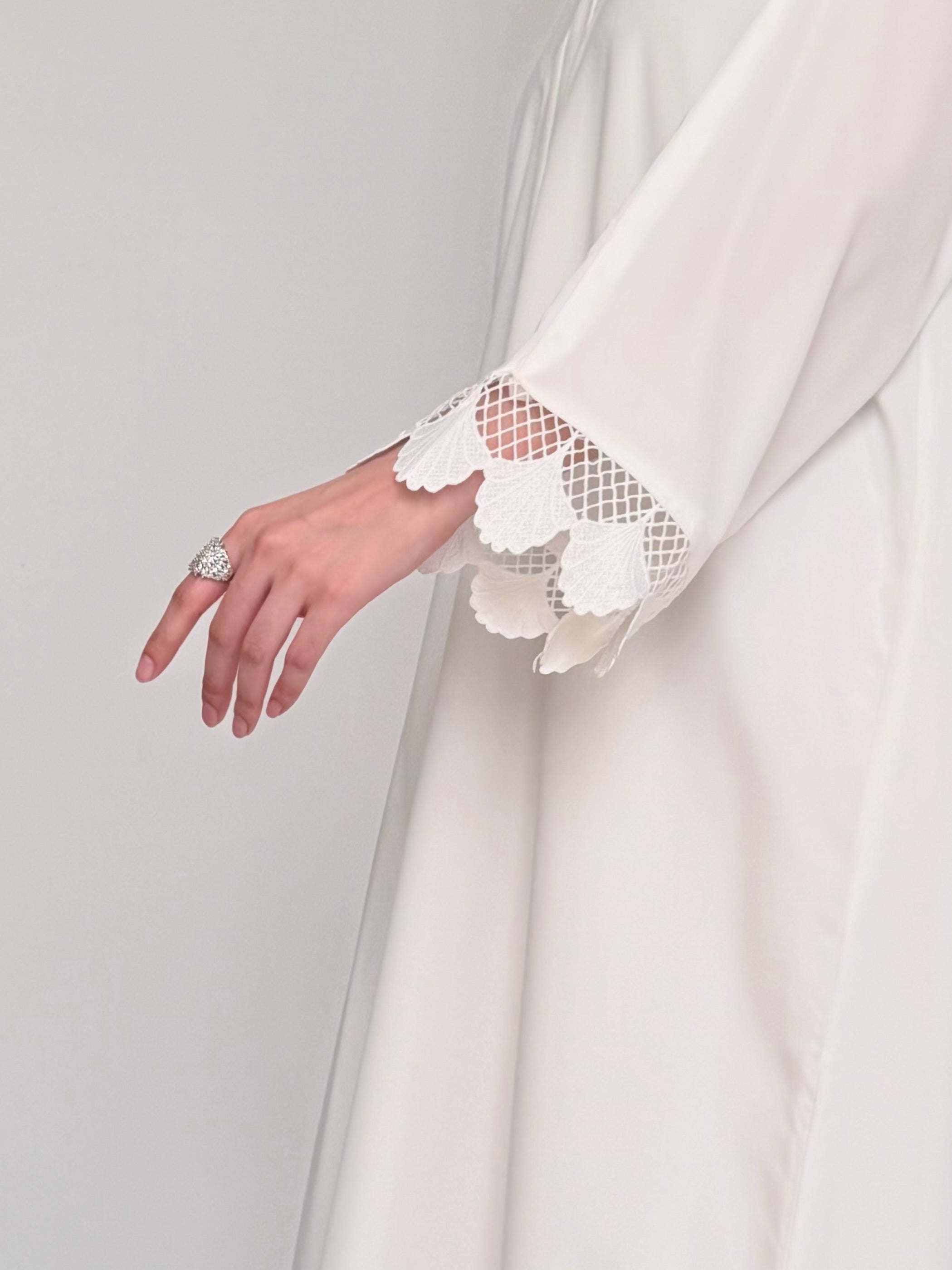 SWAN- Front Abaya with Lace Cuffs- WHITE