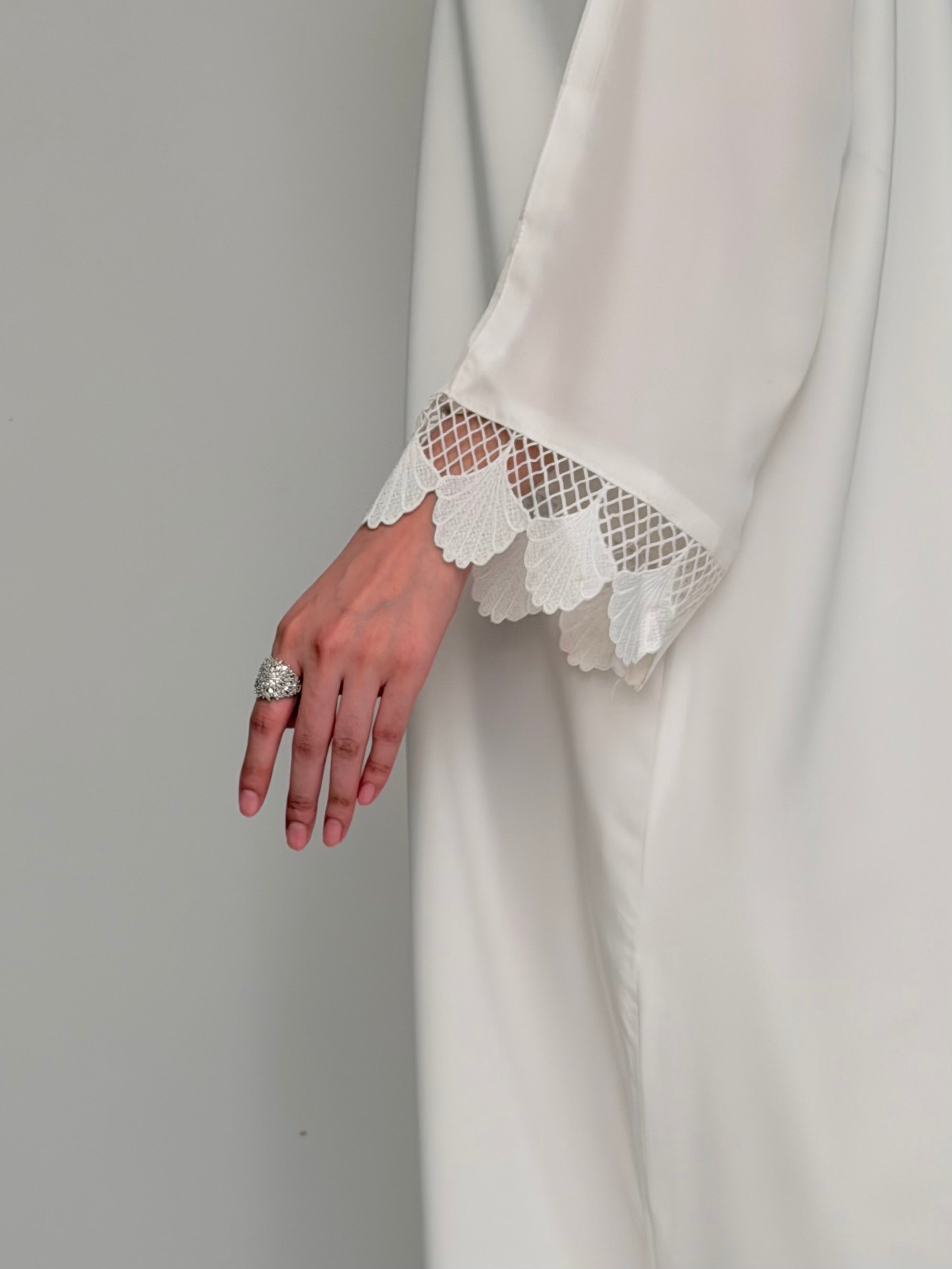 SWAN- Front Abaya with Lace Cuffs- WHITE