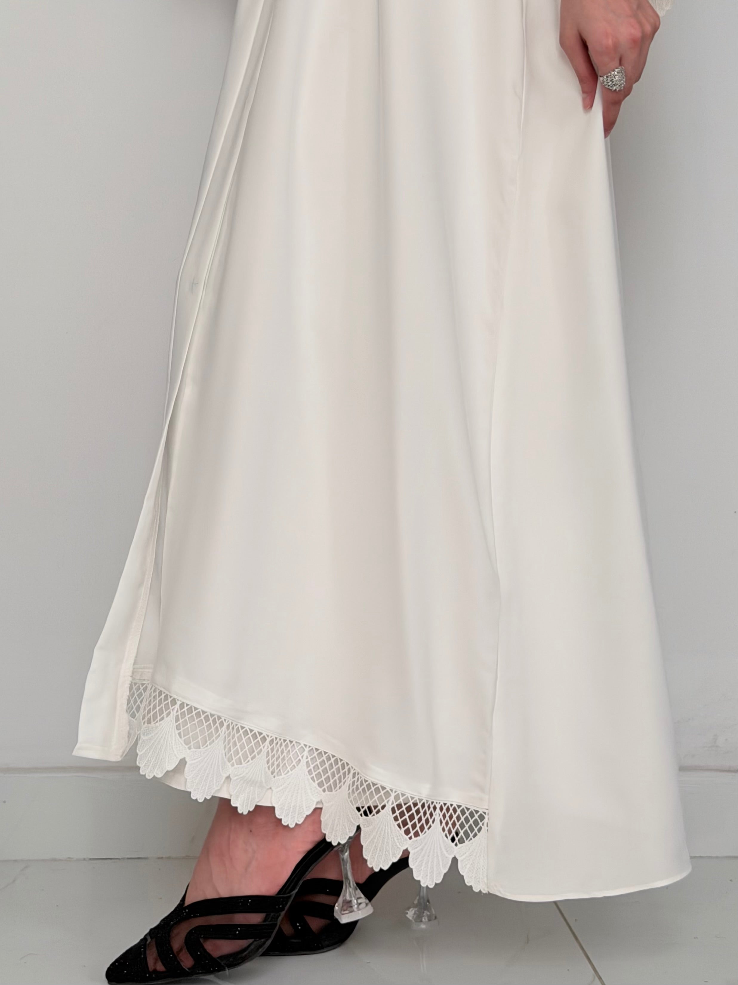 SWAN- Front Abaya with Lace Cuffs- WHITE