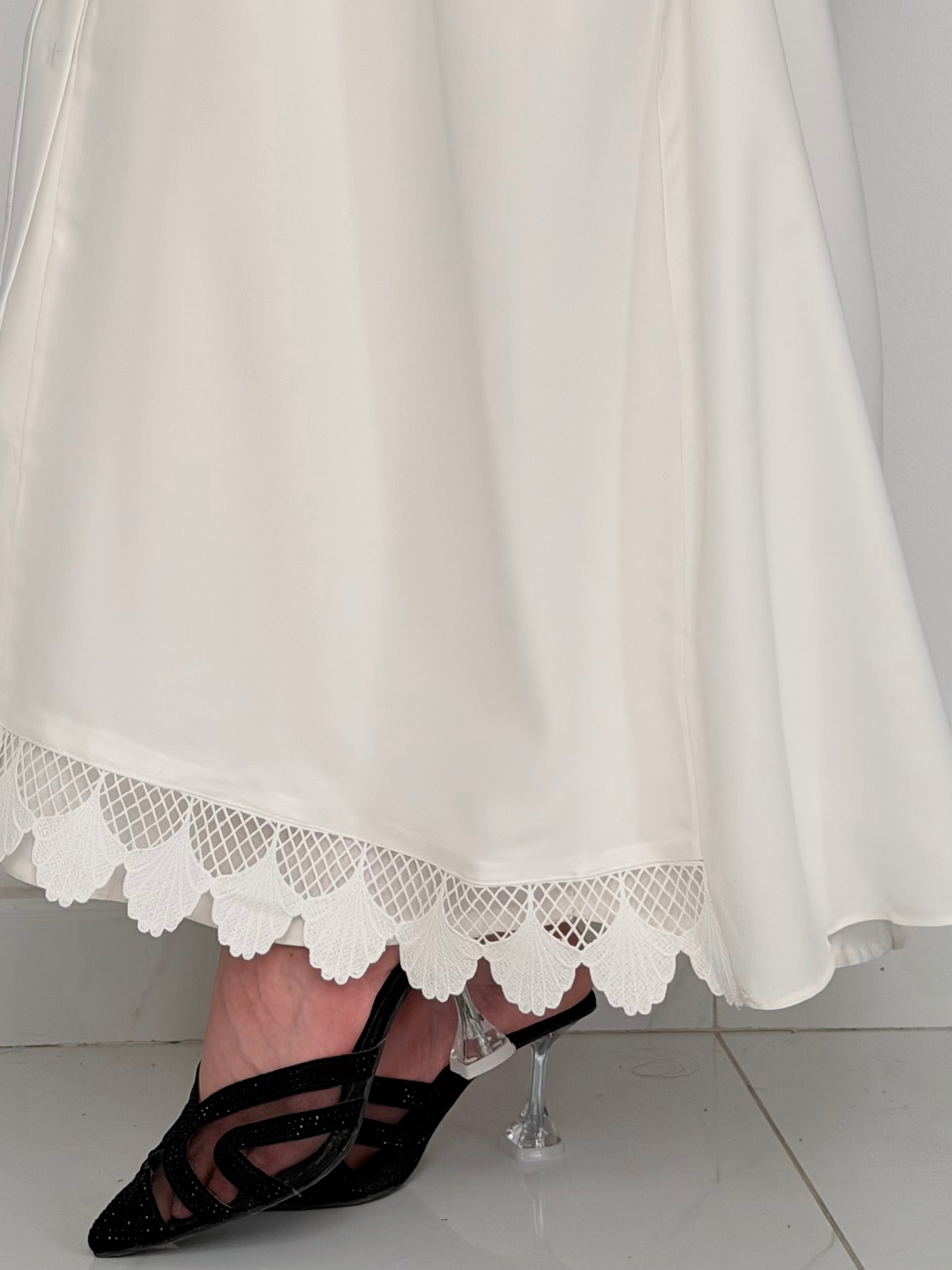SWAN- Front Abaya with Lace Cuffs- WHITE