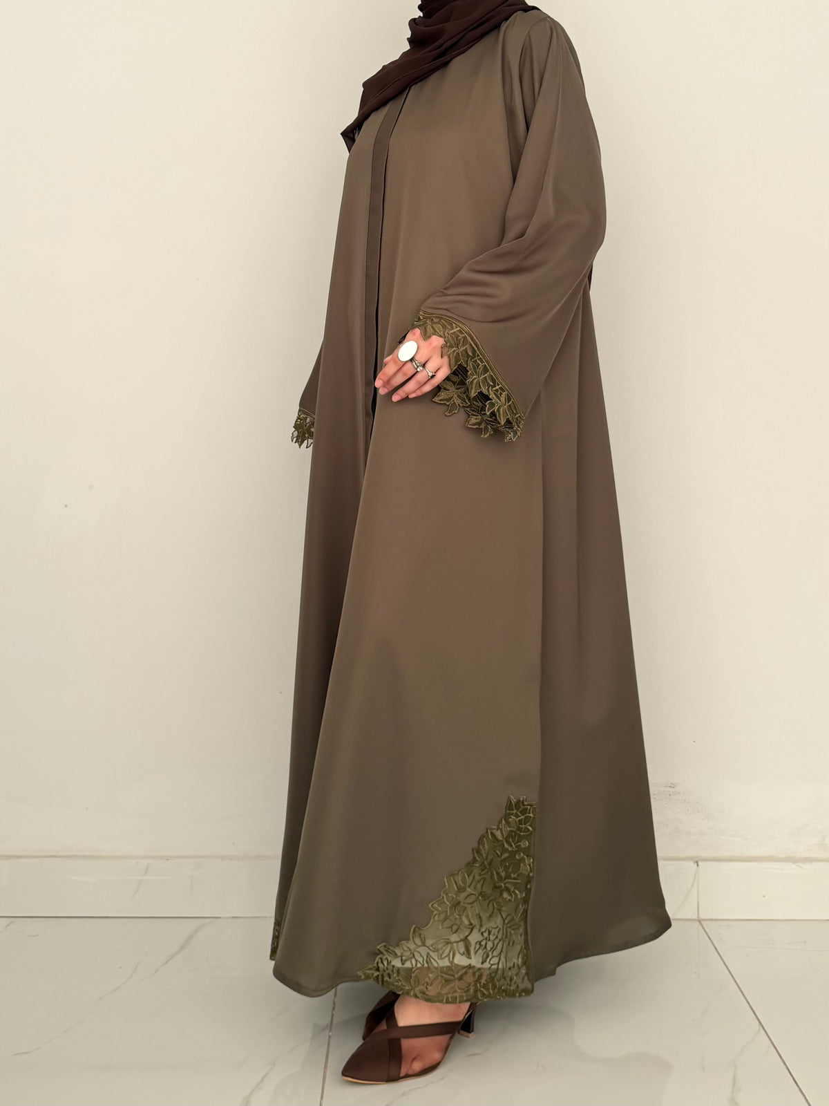 Cutwork Lace Abaya - Taupe