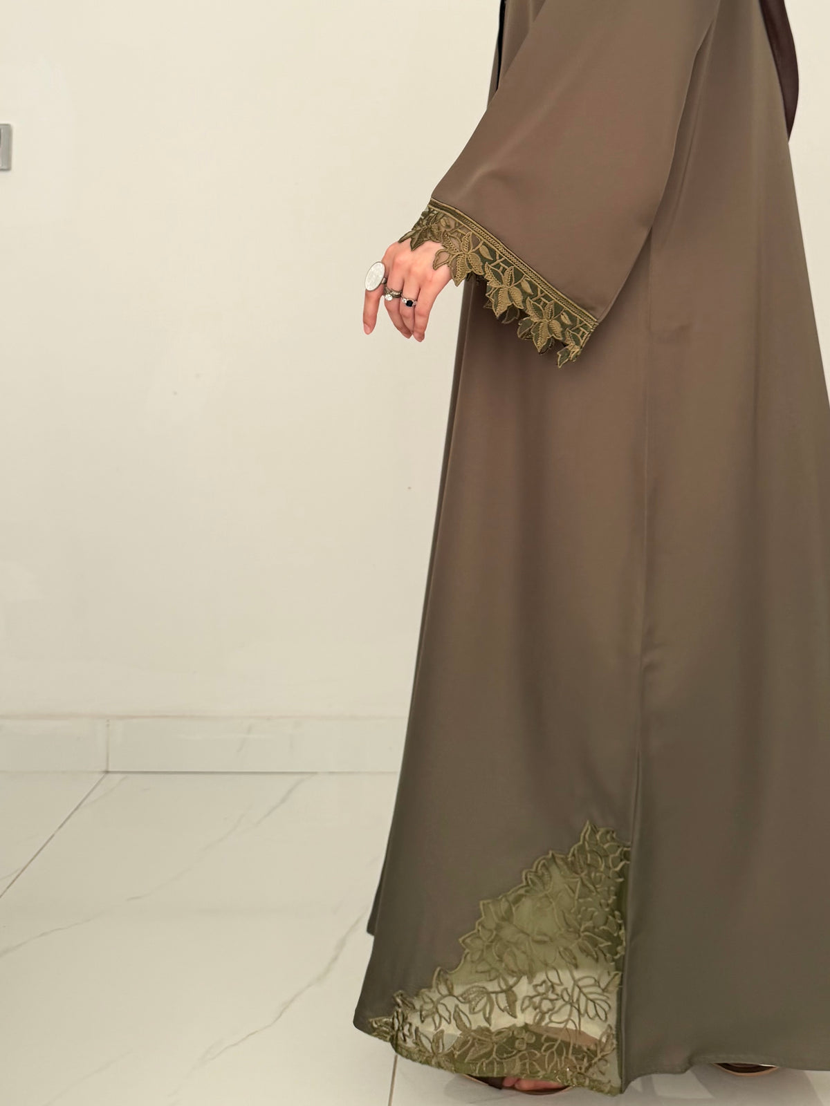 Cutwork Lace Abaya - Taupe
