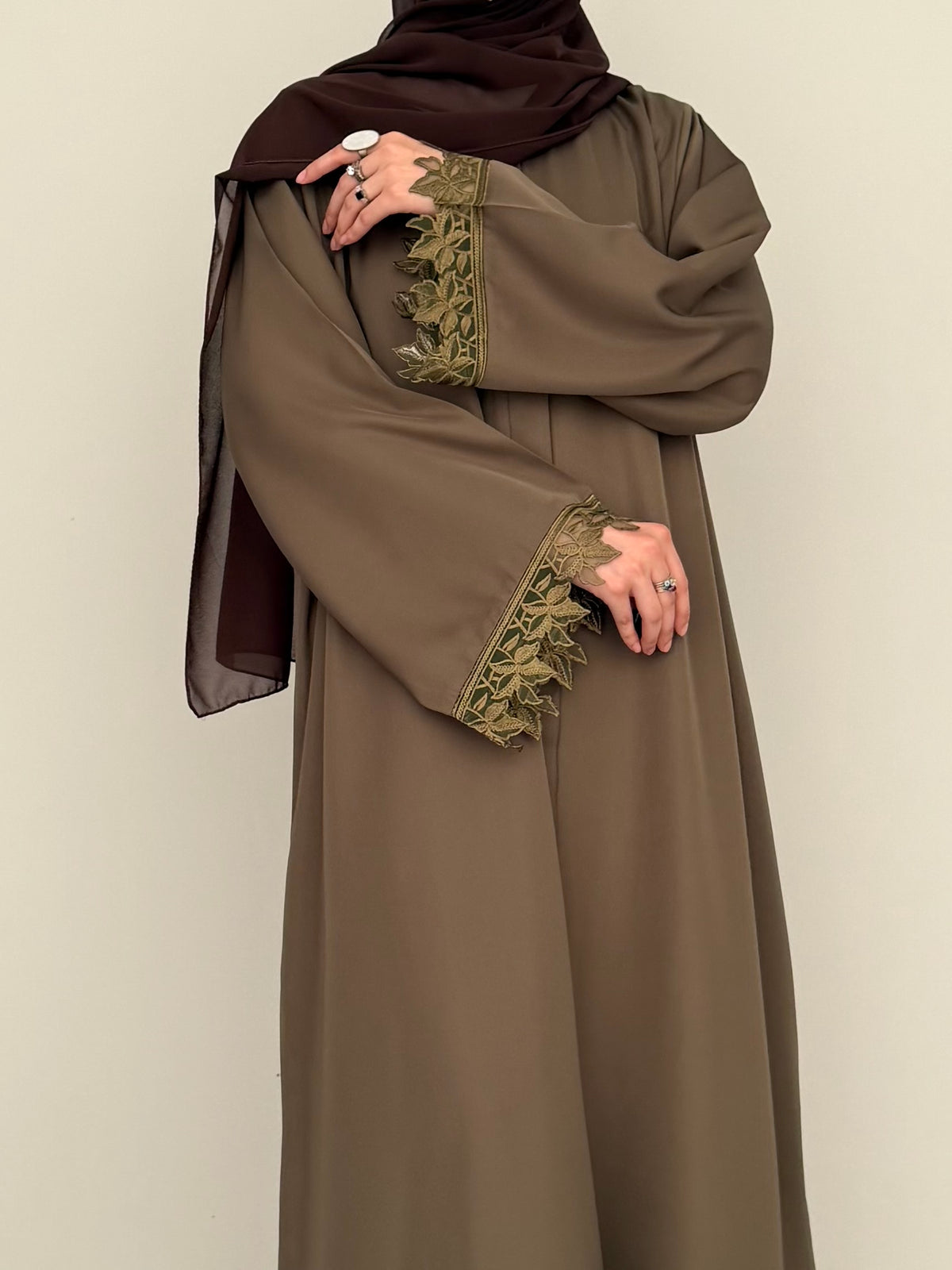 Cutwork Lace Abaya - Taupe