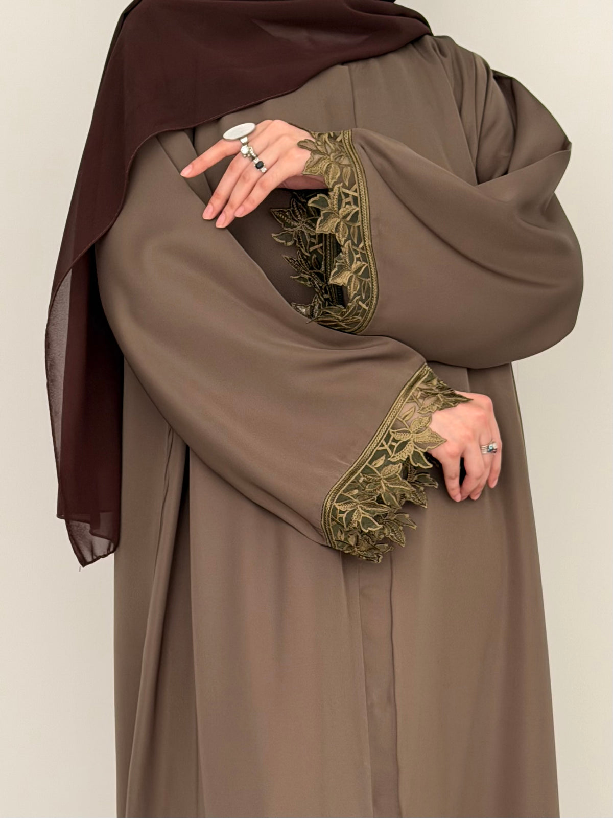 Cutwork Lace Abaya - Taupe